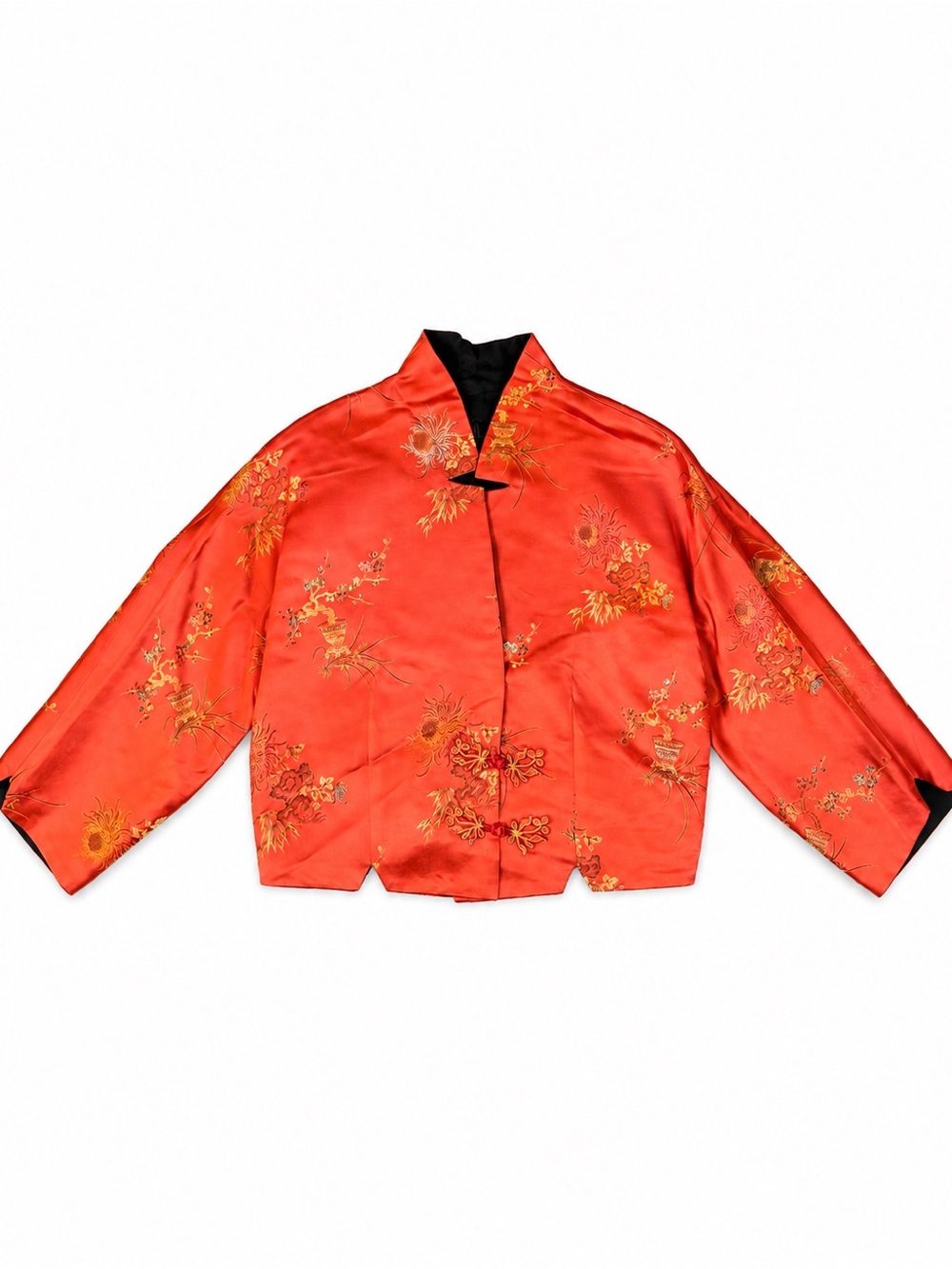 Reversible Chinese Silk Feel Brocade Jacket Red Black Floral Frog Closure S